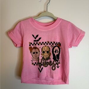 Pink Graphic Kids T-Shirt with 'Vibes' Horror Icons